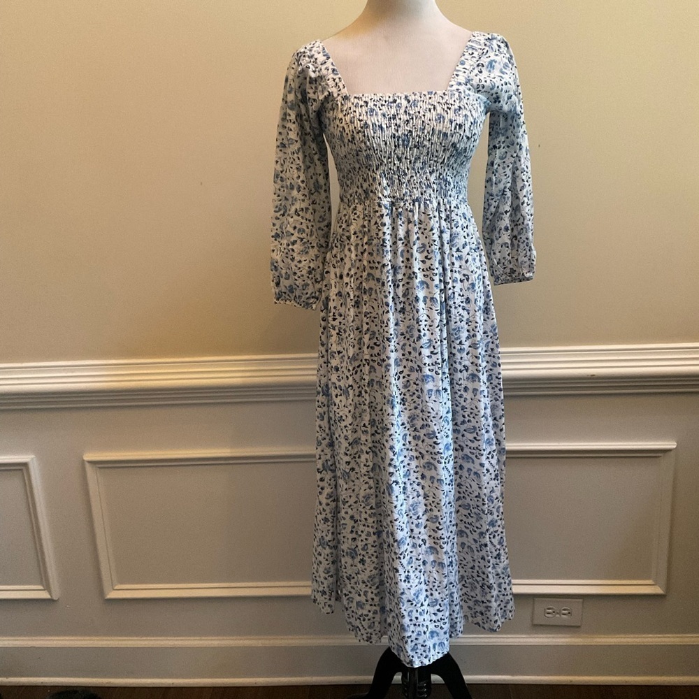 Madison Mathew's Sophie Midi Dress Blue White Floral Cottagecore Size S (FLAW)